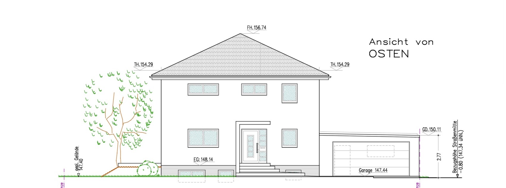 East elevation of a two-story house with garage on the right, door and stairs, windows, tree on the left.
