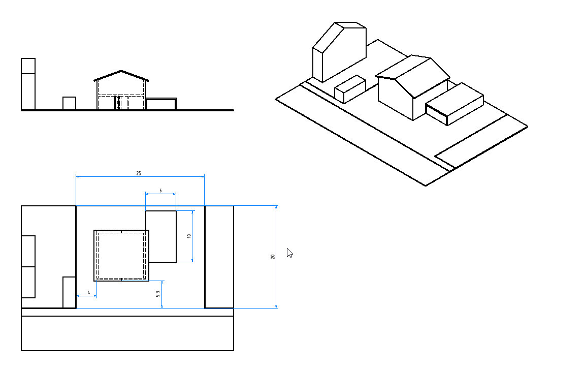 Technical drawings: side view, isometric of houses on plot, floor plan with dimensions
