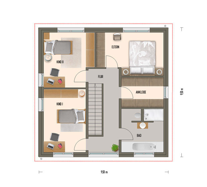 Floor plan of upper floor with hallway, master bedroom, walk-in closet, bathroom, and two children’s bedrooms.