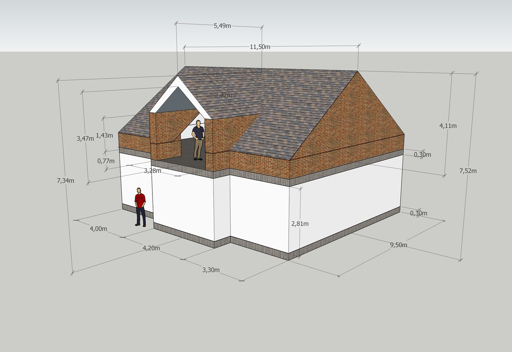 Three-dimensional house model with brick walls, roof, foundation, and dimension lines, two people