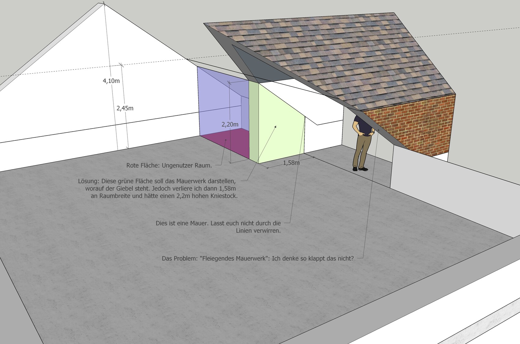 3D cross-section of a house with colored wall surfaces, dimensions, and a standing person.