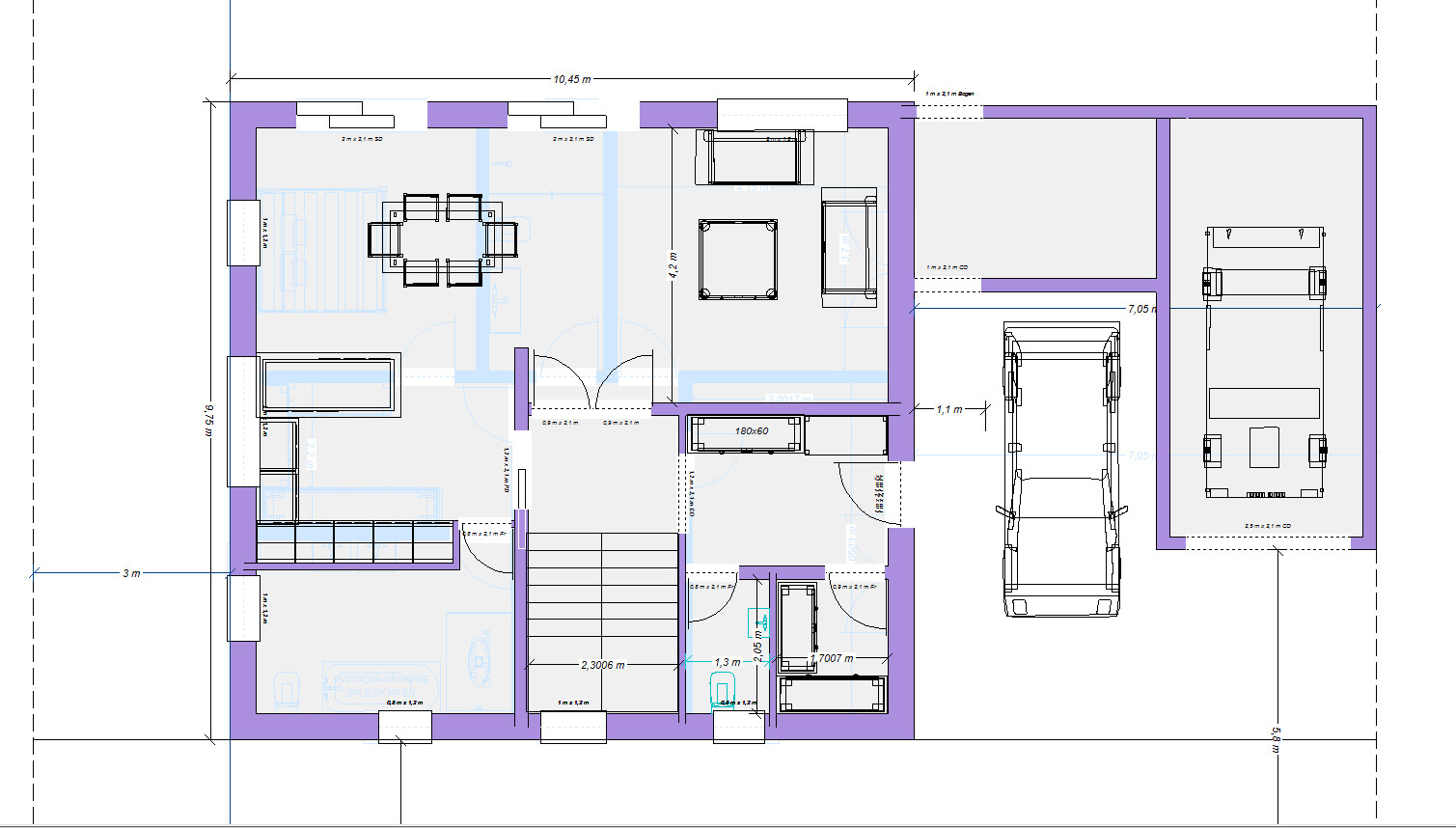 Grundriss eines Hauses mit Wohnzimmer, Küche, Essbereich, Bad, Flur, Treppe und Garage (mit Auto).