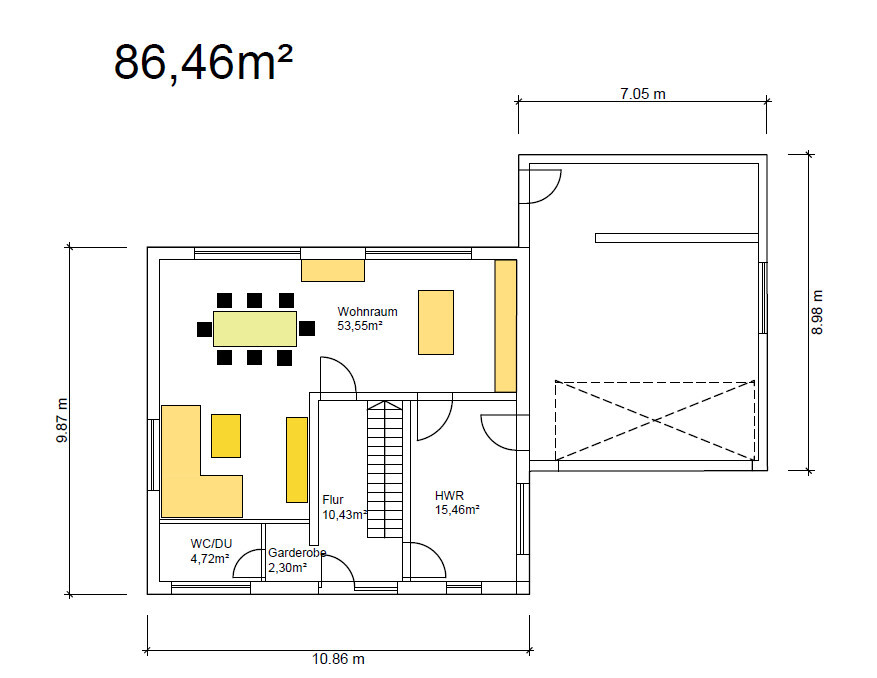 Floor plan of a house: left side living and dining room, hallway, cloakroom, utility room, toilet/shower; right side garage.