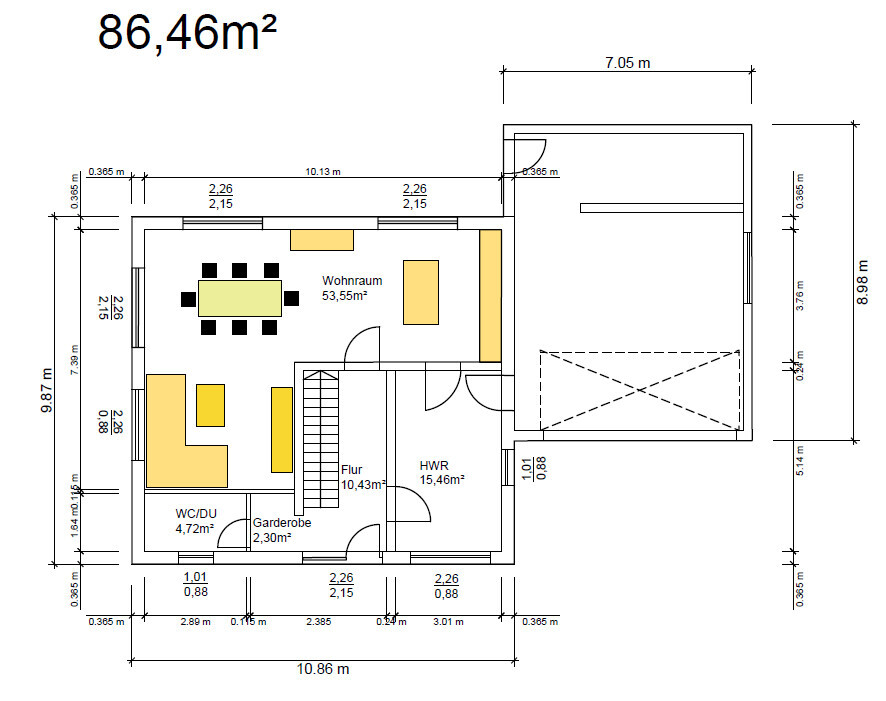 Floor plan of a single-family house with living room, hallway, utility room, cloakroom, toilet/shower, and garage on the right.