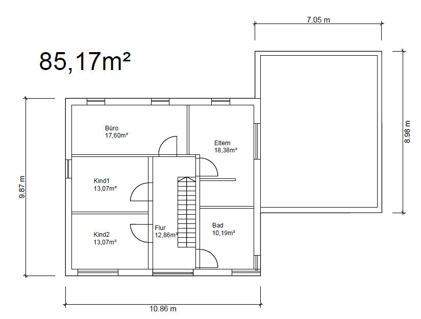 Floor plan: office, master bedroom, two children’s rooms, hallway, bathroom, staircase, addition on the right.