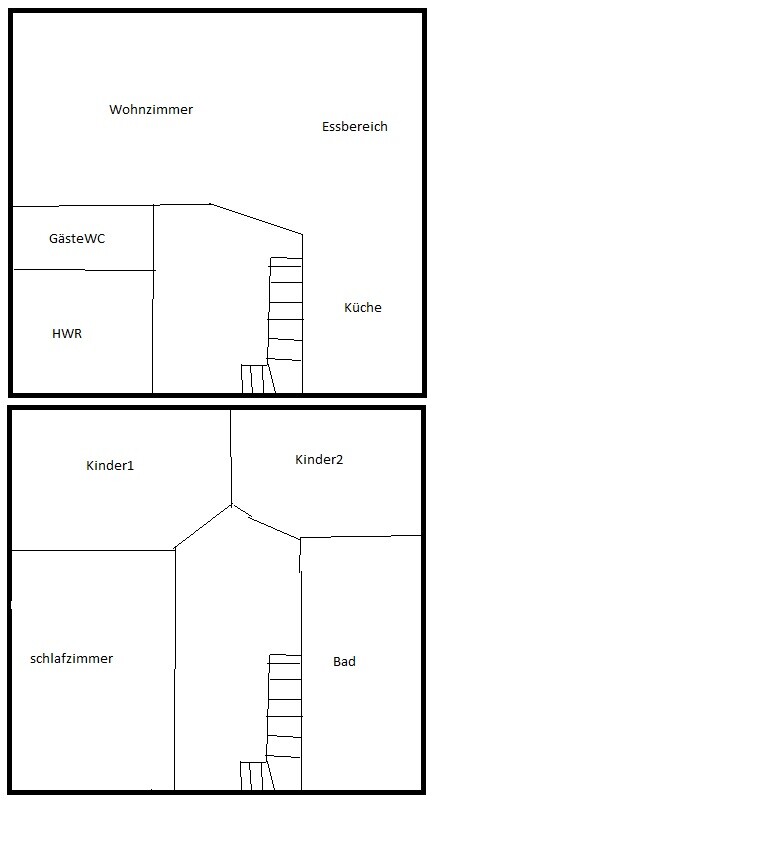 Two-story floor plan: Upstairs living room, dining area, kitchen; downstairs bedrooms, bathroom, children’s rooms.