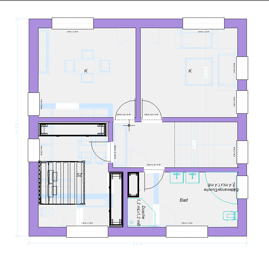 Floor plan of a residential house: two rooms upstairs, bathroom lower right, staircase on the left, doors visible.