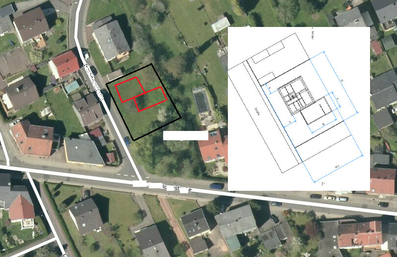 Satellite map of a residential area with a black outline, red interior area, and blue building plan.