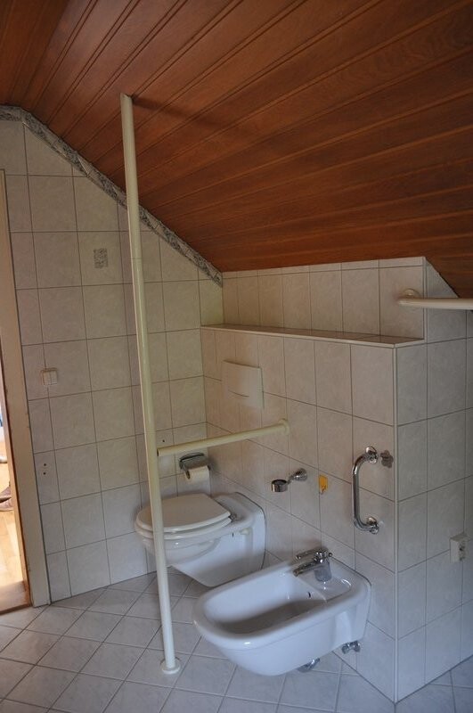 Bathroom with toilet and bidet, white tiles, wooden ceiling, and grab bars.