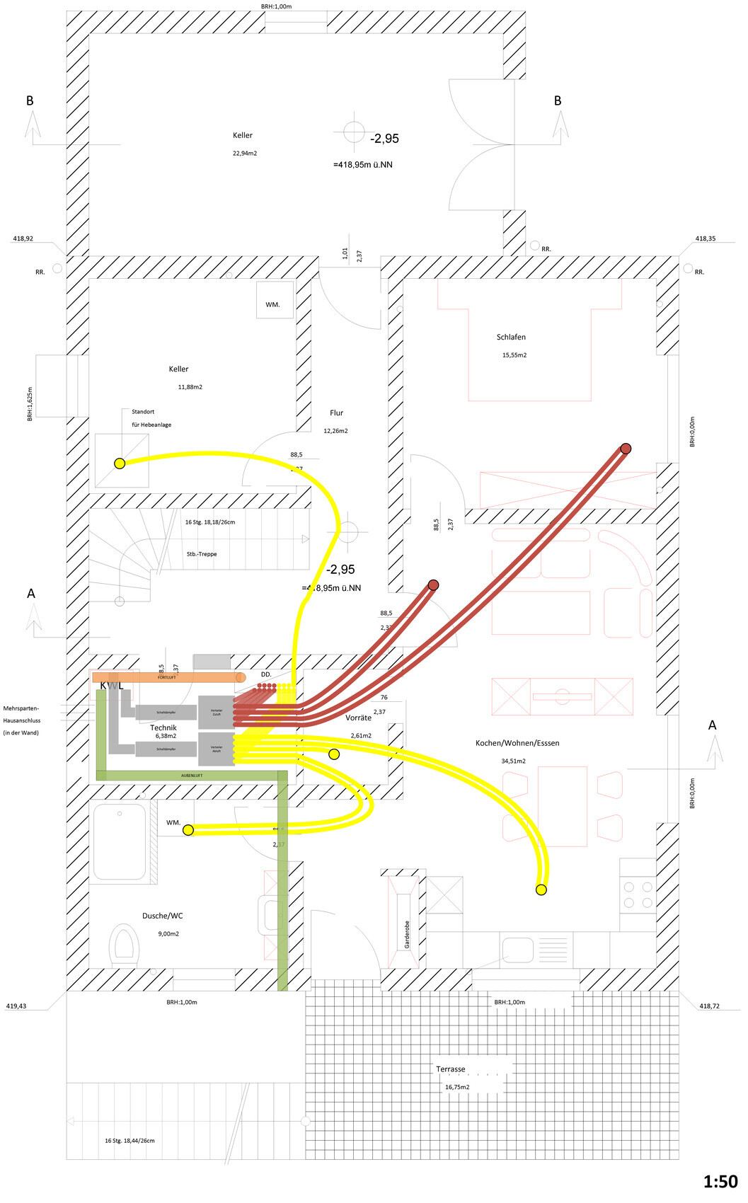 Grundrissplan eines Hauses mit Keller, Schlafzimmer, Küche/Wohnen/Essen und Terrasse.