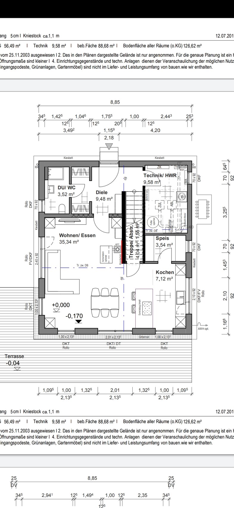 Floor plan of a house: living/dining area, kitchen, hallway, pantry, utility/technical room, shower/toilet, terrace.