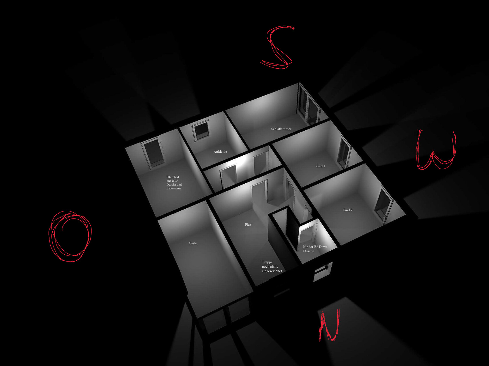 3D floor plan of a house with bedroom, children’s and guest rooms, hallway, bathrooms; red markings.