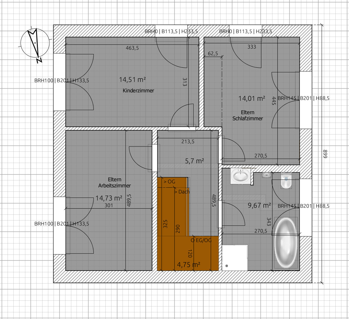 Grundriss eines Hauses mit Zimmern: Kinderzimmer, Eltern Schlafzimmer, Eltern Arbeitszimmer, Bad.