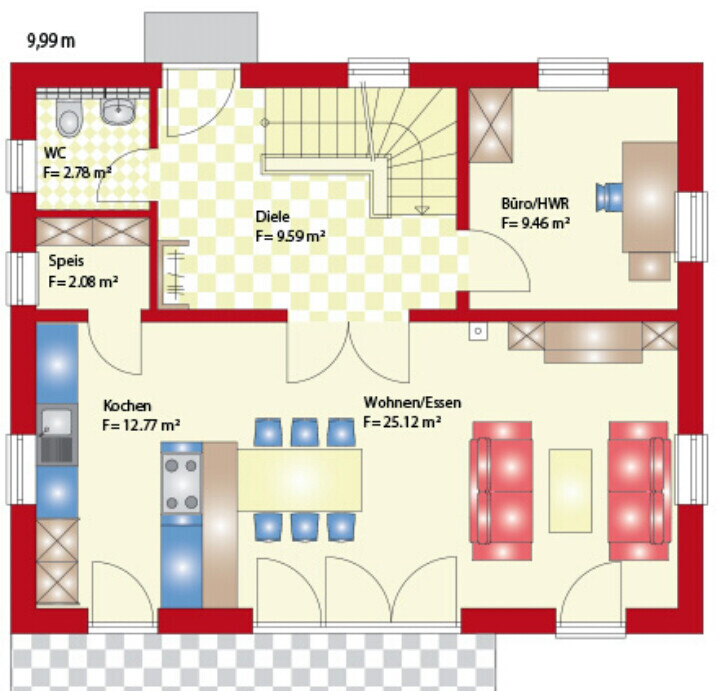 Grundriss eines Hauses mit Küche, Speis, Diele, Wohnen/Essen, Büro/HWR und WC, Treppe.