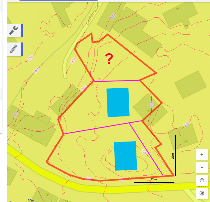 Map view: red outline area with question mark, two blue buildings, pink connecting paths.