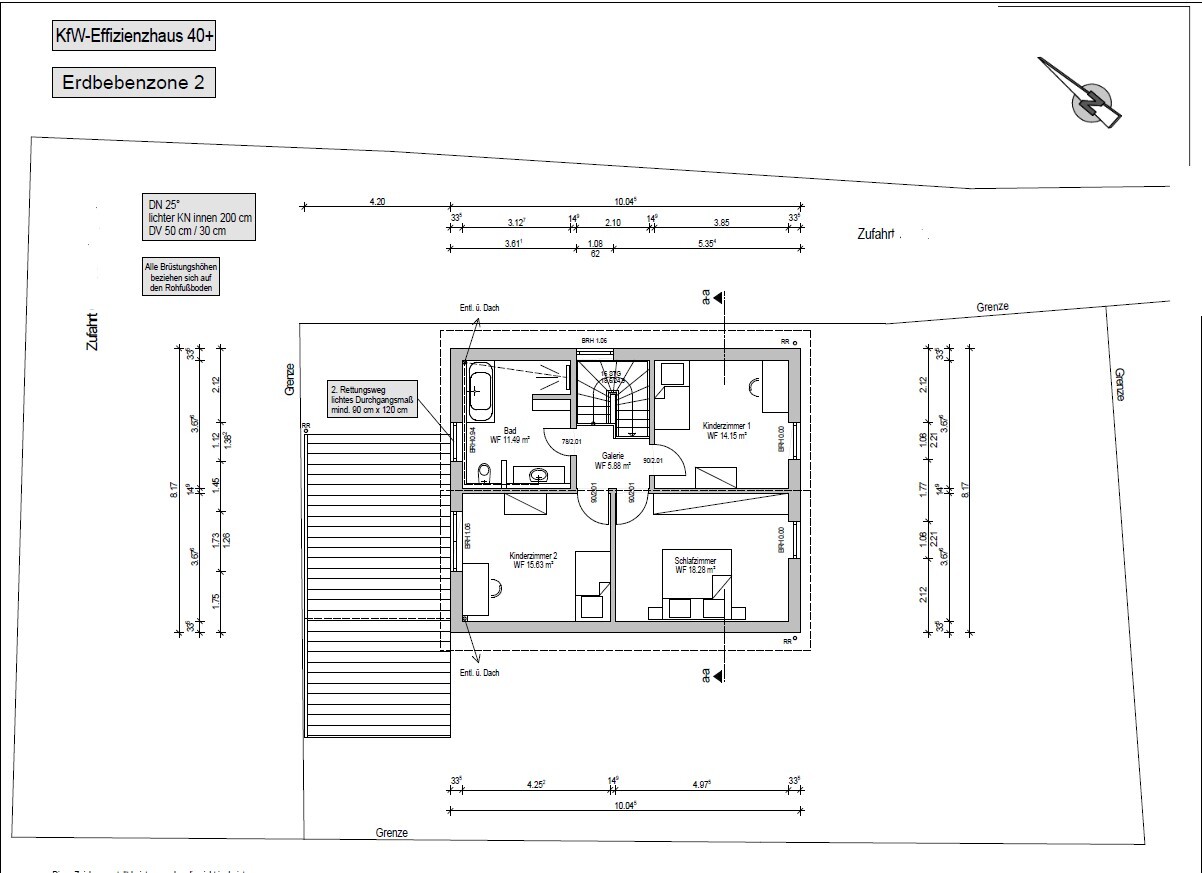 Detaillierter Grundriss eines Hauses mit Schlafzimmer, 2 Kinderzimmern, Bad, Galerie und Treppe.