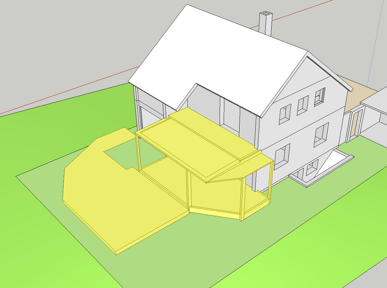 3D house model with yellow terrace structure in the front garden