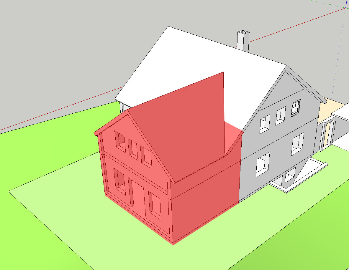3D architectural model of a semi-detached house with red front section and gray back section on green plot