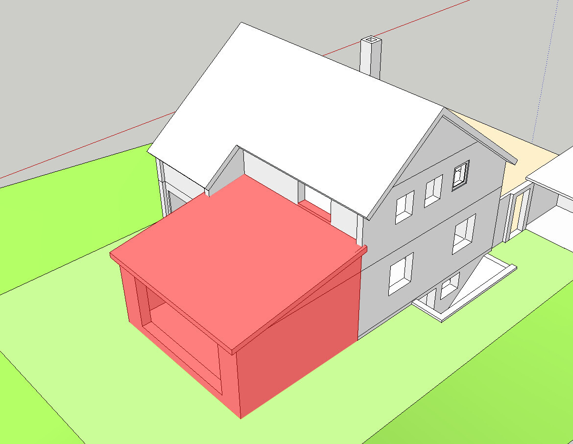 3D model of a gray two-story house with red extension and green courtyard.