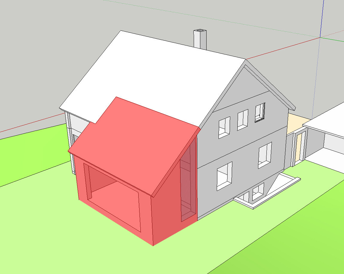 3D house model: gray two-story house with red entrance extension in a green garden.