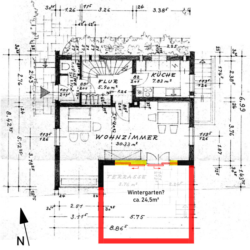 Floor plan with living room, kitchen, hallway; red conservatory extension approx. 24.5 m² (263 sq ft)
