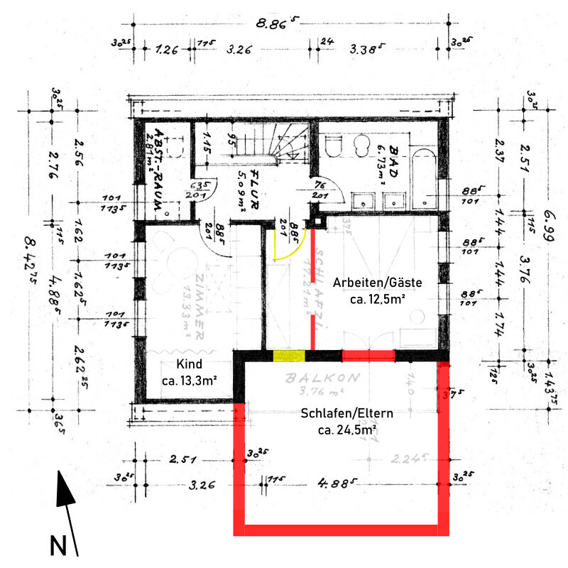 Apartment floor plan with bedroom/parents, child, study/guest room, and balcony; red walls.
