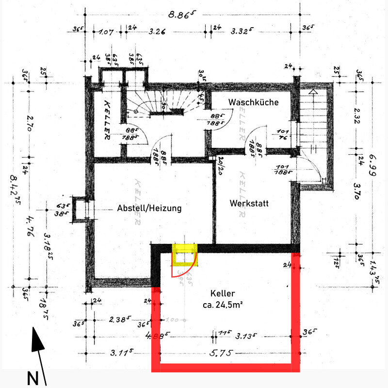 Basement floor plan with storage/heating, workshop, laundry room; red outline for basement, yellow door.