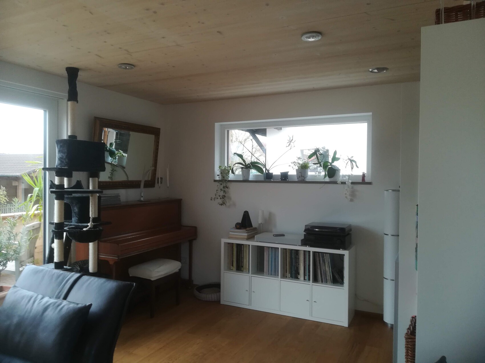 Living room with piano, cat tree, white cabinet full of records, and window plants.