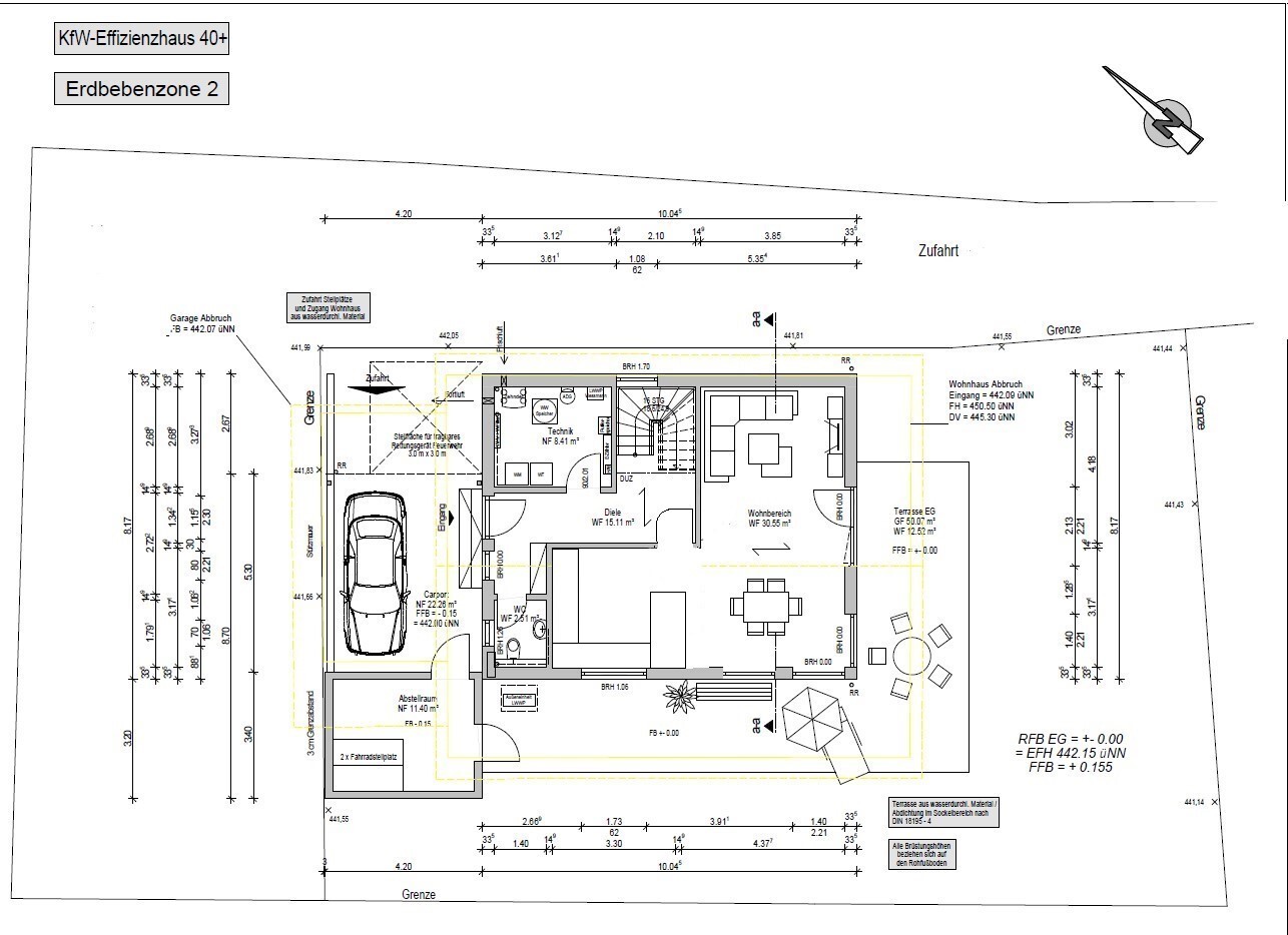 Floor plan of a house with garage, living and dining area, and terrace.