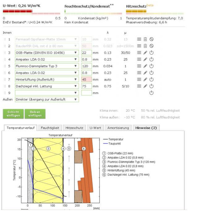 Screenshot einer Bauplanungs-Software mit Temperaturverlauf und Schichtaufbau