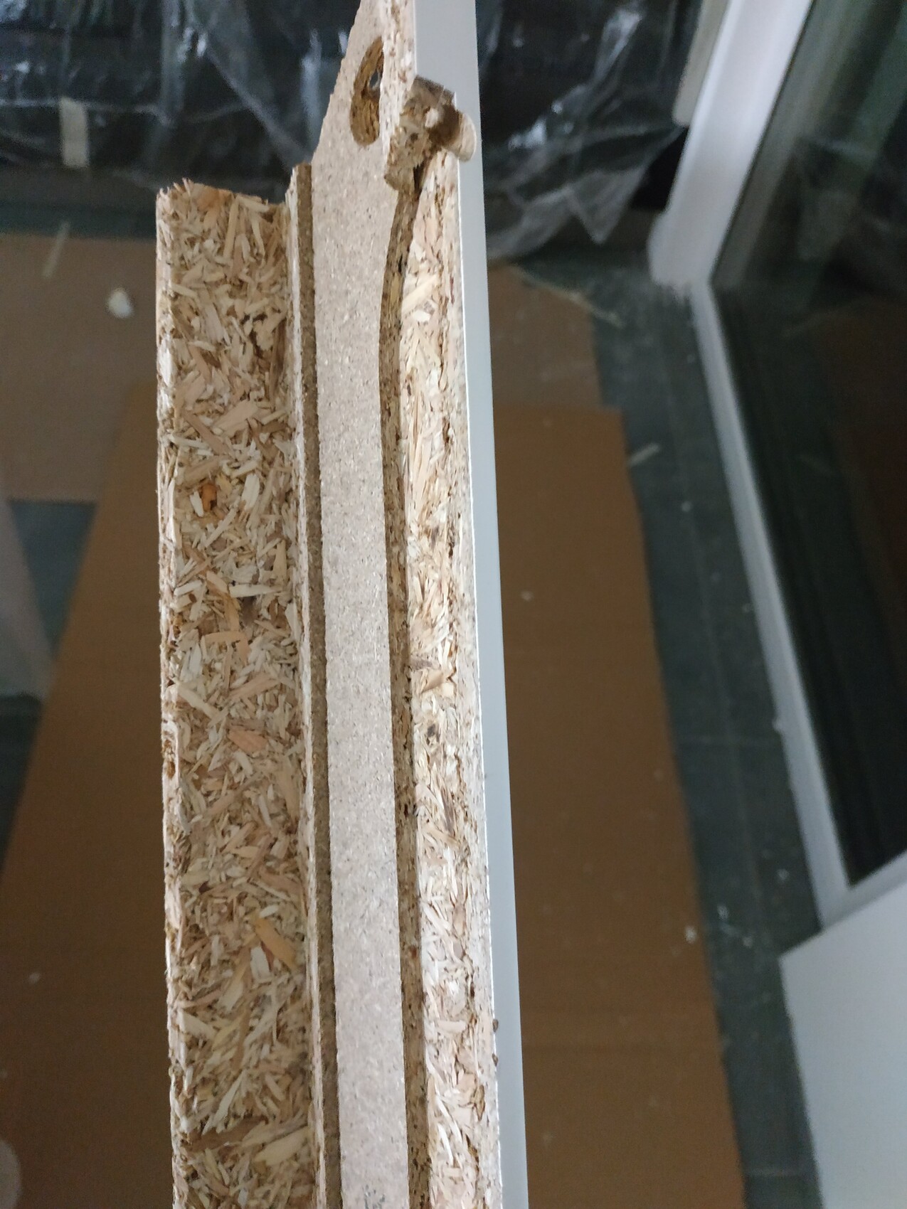 Detail of an OSB construction board in the shell construction with edge cut