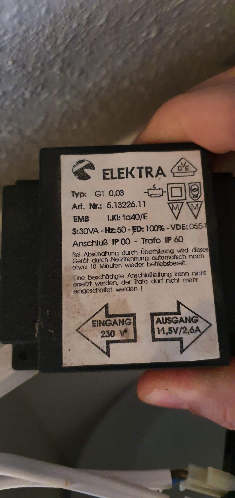 Elektra transformer with input 230 V and output 11.5 V/2.6 A (type GT 0.03)