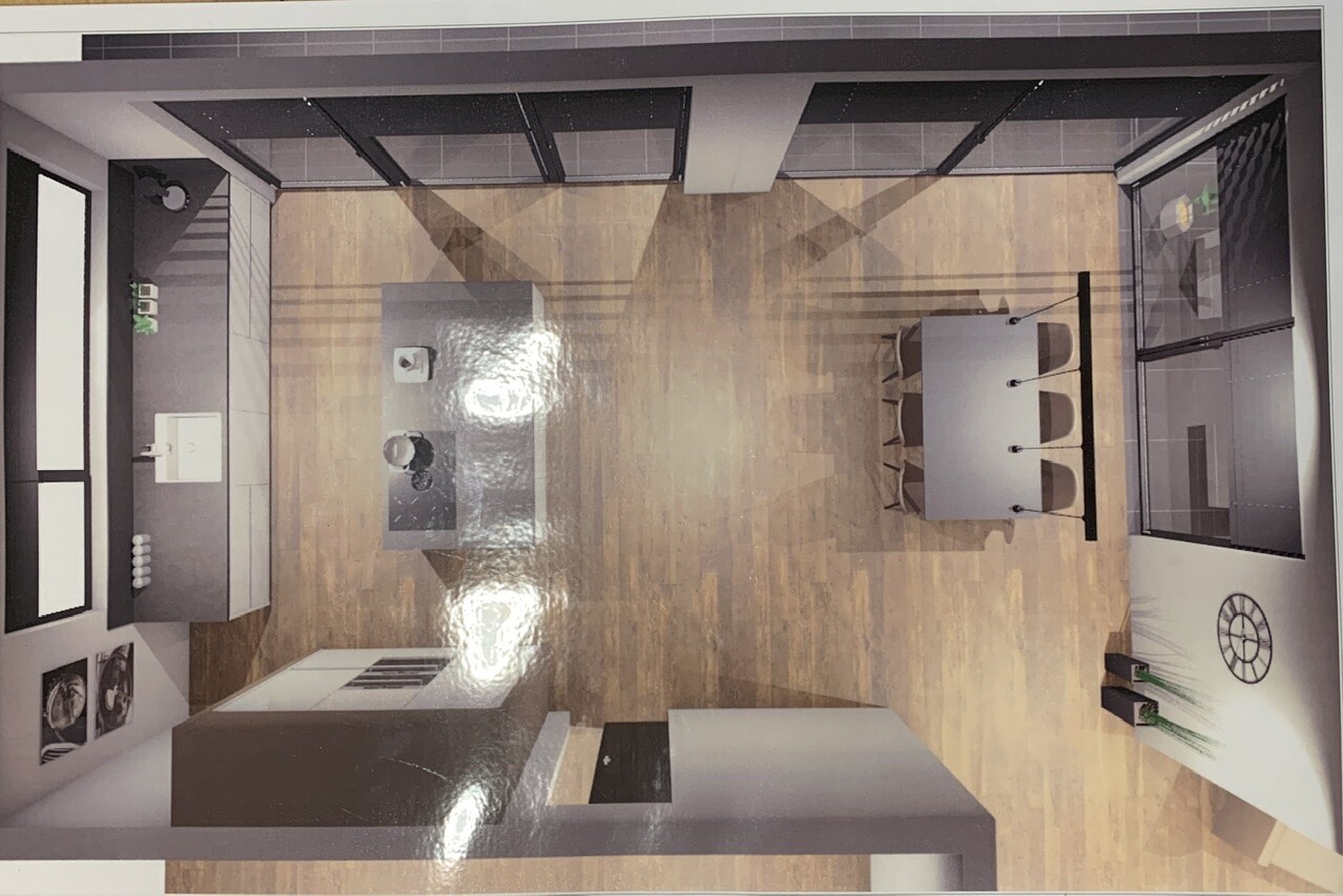 Modern open kitchen with cooking island, dining table, and glass partition, wooden floor.