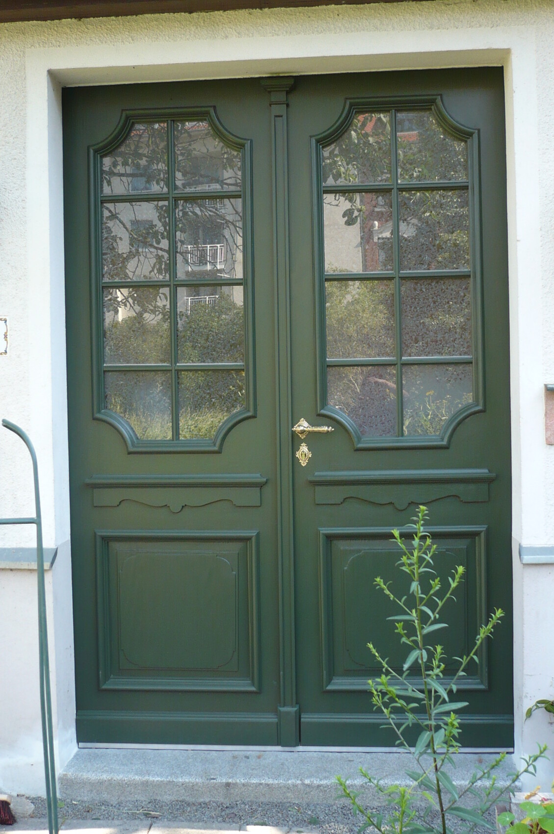 Double door made of green wood with glazed windows, golden handle; front of a house, plant in front
