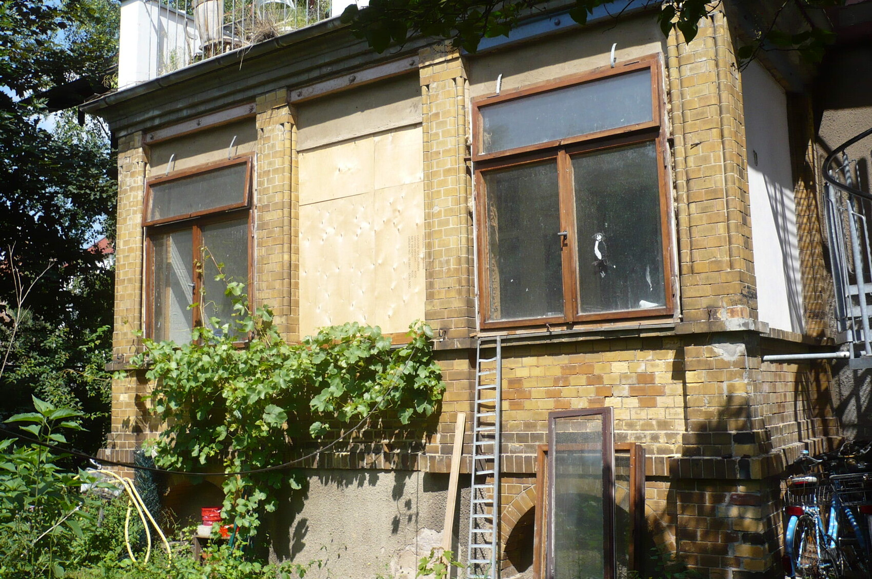 Ziegelhausfassade mit zwei großen Fenstern, Leiter davor und rankende Pflanzen.