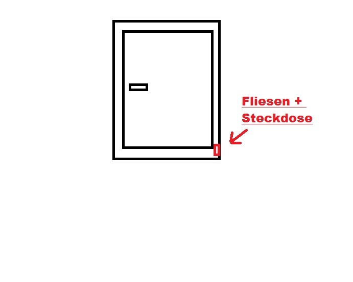 Door with black frame; bottom right red marking indicates tiles and outlet.