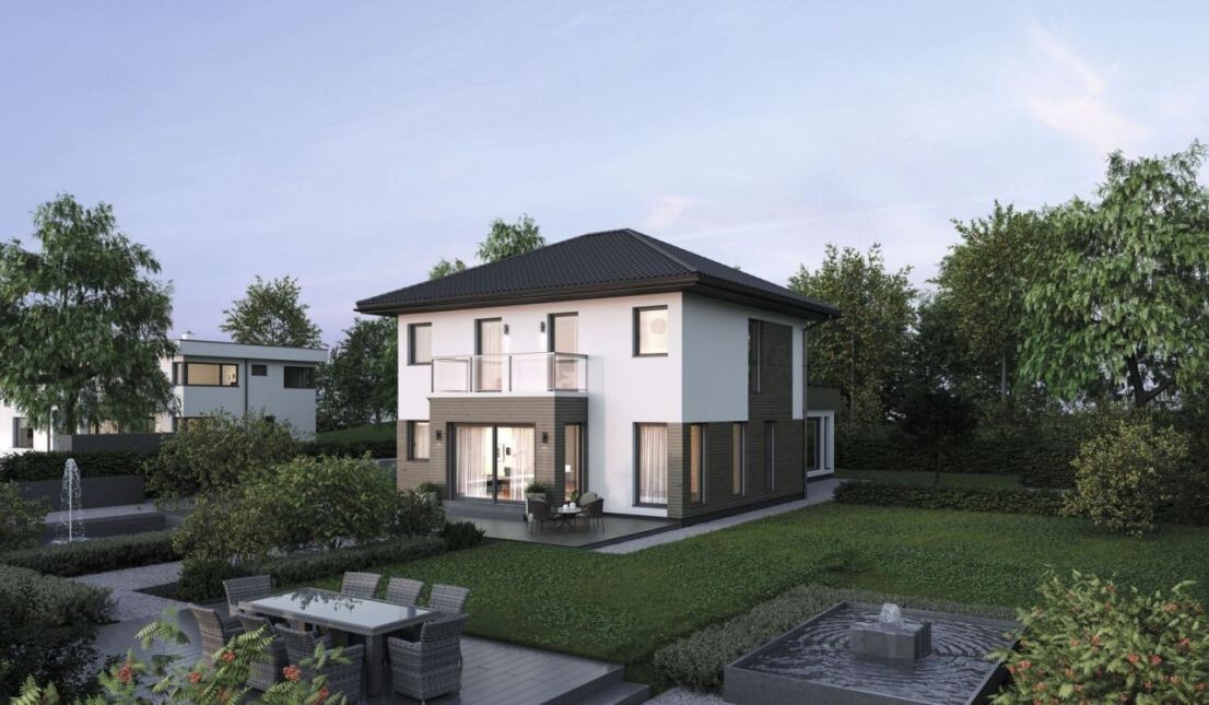 Modern two-story single-family home with balcony, terrace, seating area, and water feature.