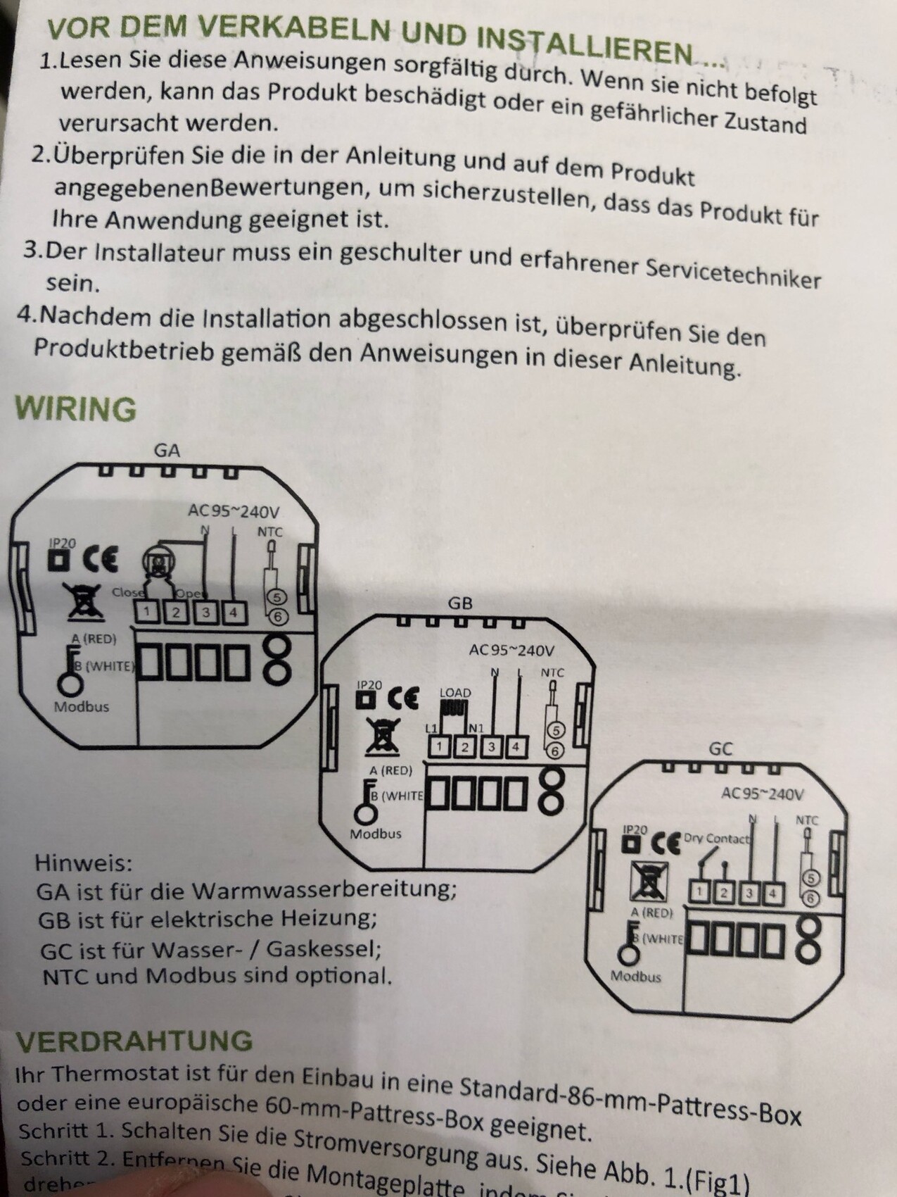 Wiring instructions with diagram for heating thermostat modules GA, GB, GC on info sheet