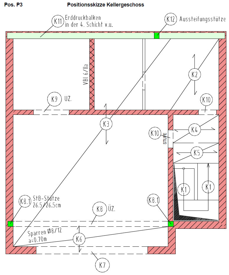 Basement floor plan: walls, stairs, columns; labels K1-K12.