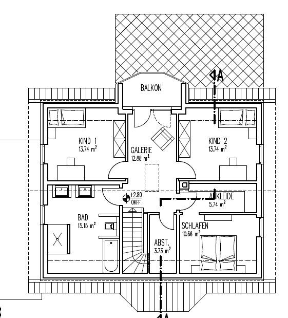 Upper floor plan: balcony, 2 children’s rooms, bathroom, bedroom, gallery, dressing room.