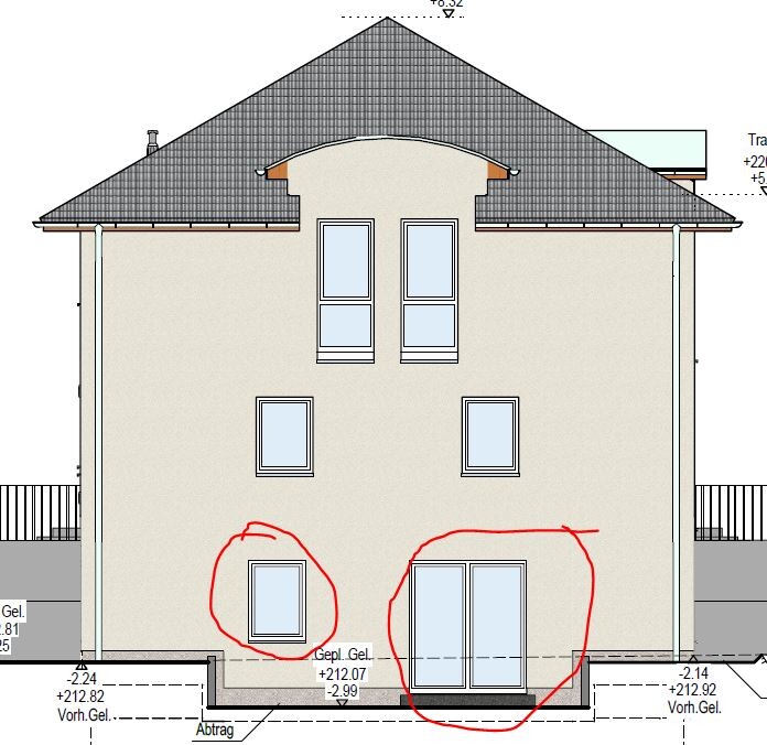 Two-story house with pitched roof, front view, windows and terrace in construction drawing.