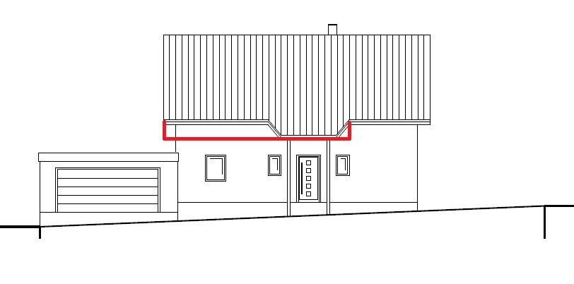 Two-story house with garage on the left, front door and windows; red roof edge marked.