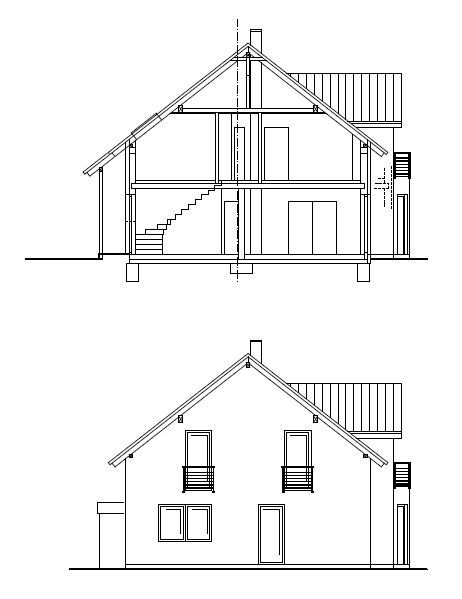 Cross-section and front view of a two-story house with stairs and roof structure.