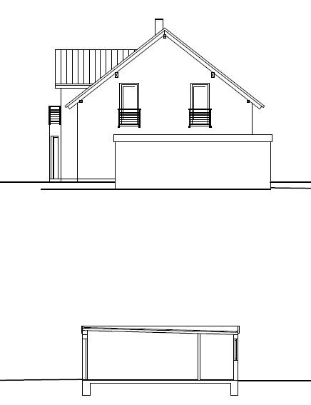 Technical drawing of a house: front and side views with gable roof, windows, entrance.