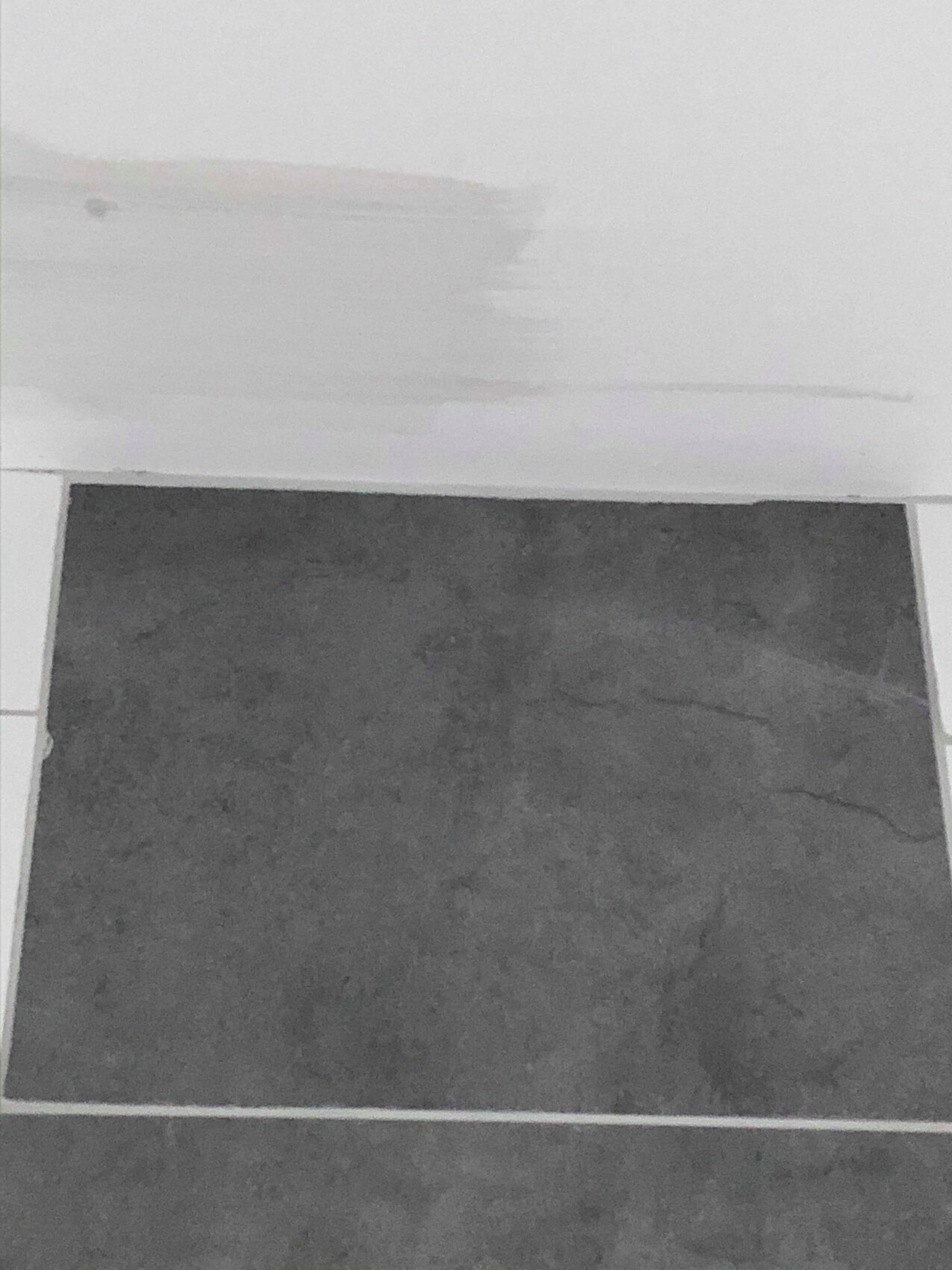 Dark rectangular rug on light gray tiled floor in front of white wall.