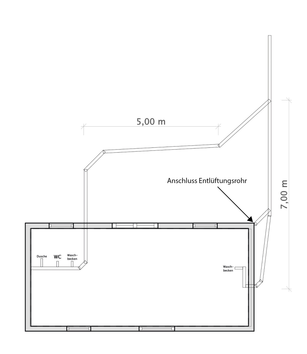2D floor plan of a bathroom with shower, toilet, sink, and ventilation pipe