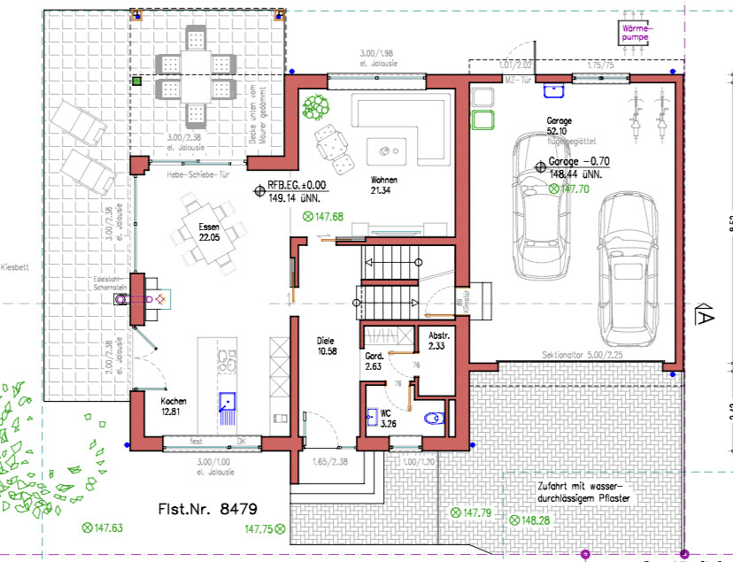 2D house floor plan with living room, kitchen, dining area, terrace, and garage