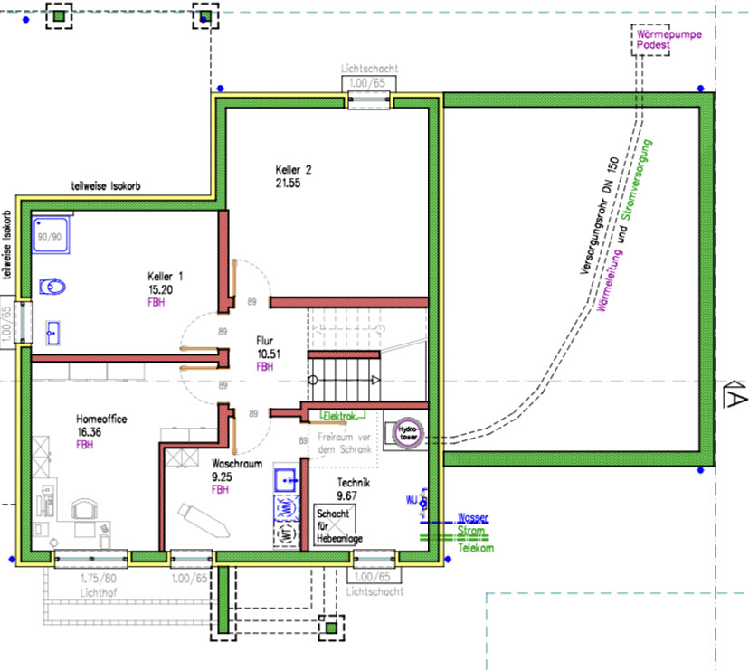 Basement floor plan: cellar 1, cellar 2, corridor, home office, laundry room, technical room.
