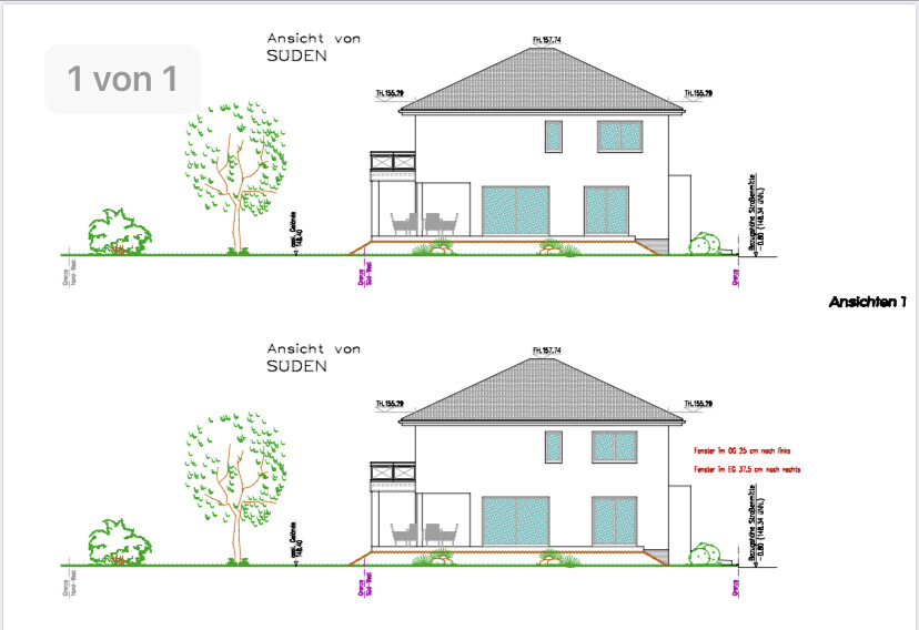 Two-story house – south elevation with terrace, balcony, large windows, and garden.