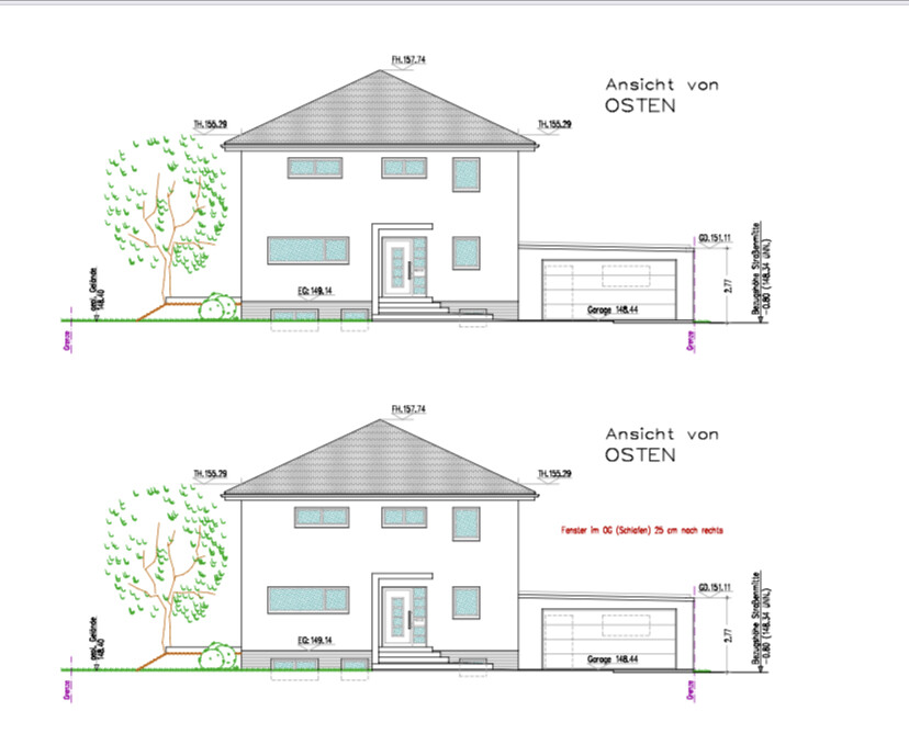 East elevation of a two-story house with garage; tree on the left.